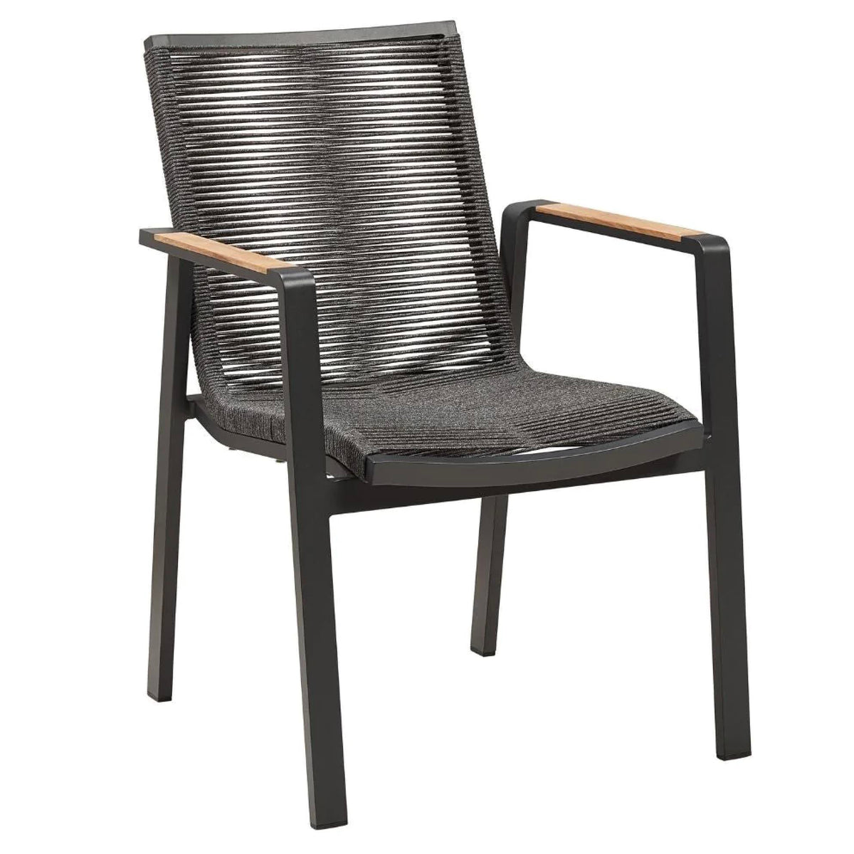 Noffy stackable aluminum restaurant patio chair with teak armrests