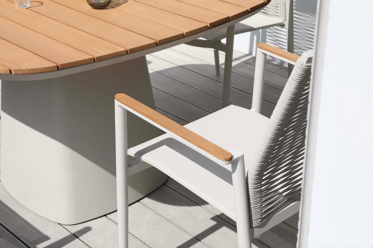 Venus stackable rope dining armchairs with teak arms, set of 2 – close-up detail