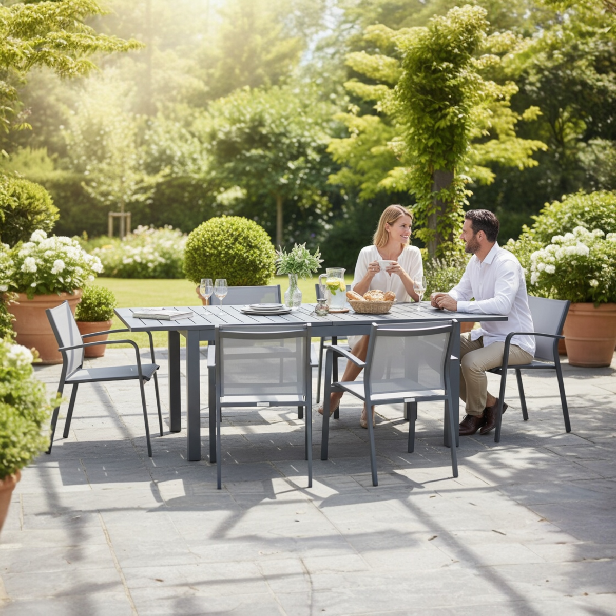 Nory black stackable aluminum patio chairs, set of 6 – shown outdoors (3)