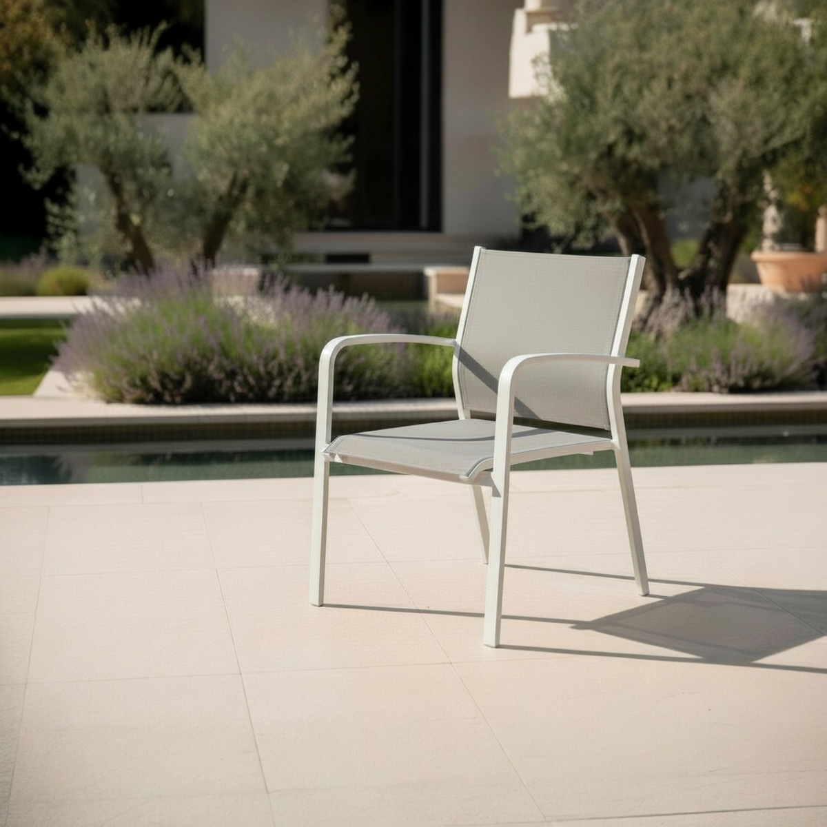 Nory white stackable aluminum patio chairs, set of 6 – shown outdoors