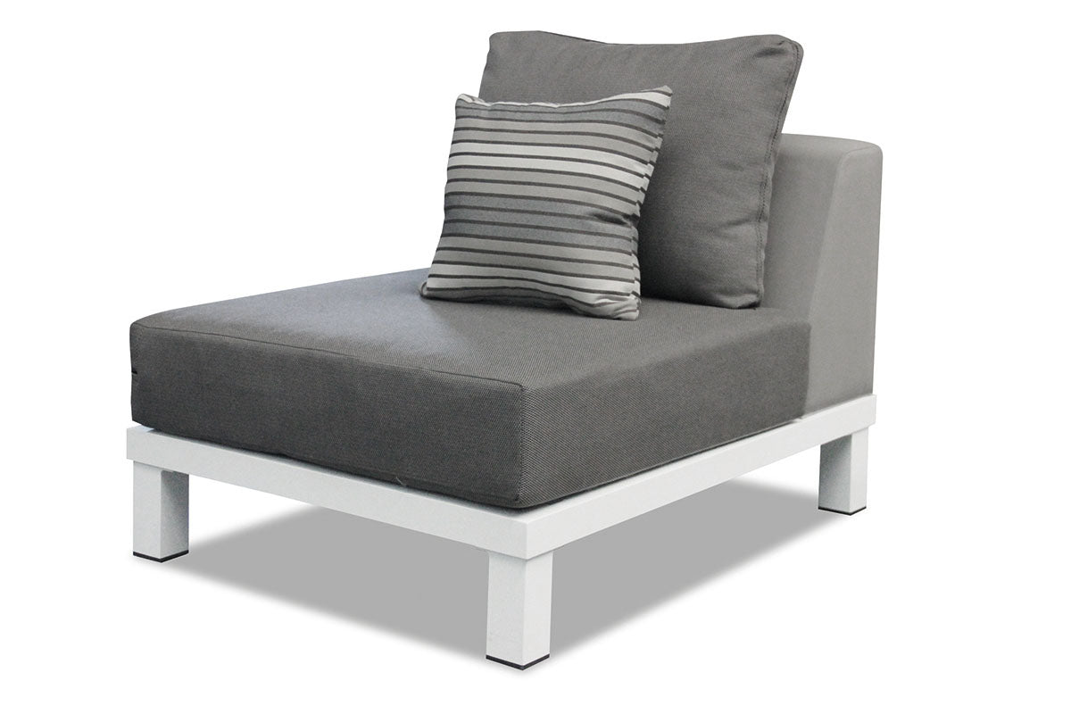 Armless chair from the Orsy Mini white aluminum and teak 2-in-1 patio lounge set with sunbed