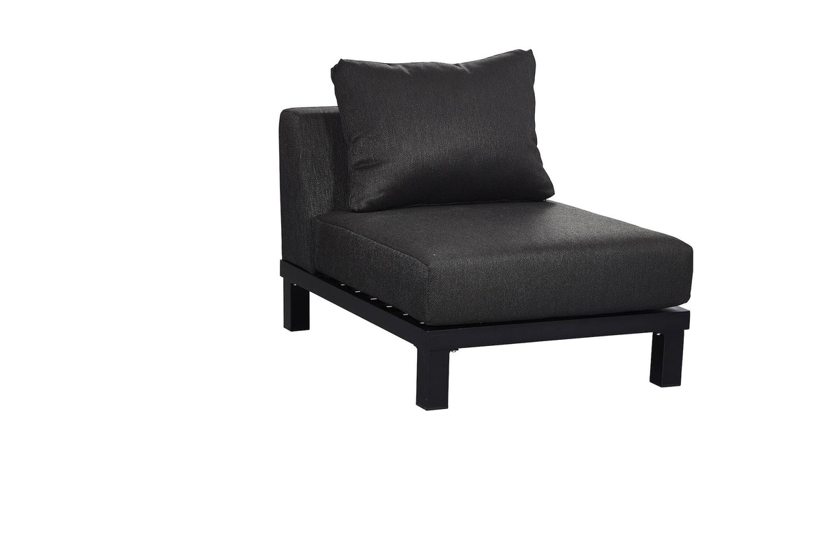 Armless chair from the Orsy matte black aluminum and teak corner sofa set with low teak coffee table – another view