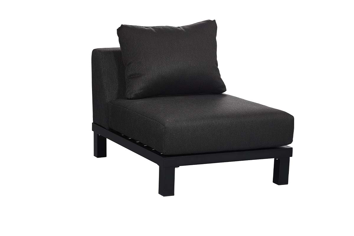 Armless chair from the July aluminum and teak lounge set with chaise and teak coffee table – another view
