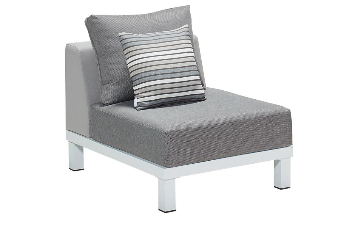 Armless chair from the Orsy white aluminum corner lounge set with teak side tablets and teak coffee table – another view