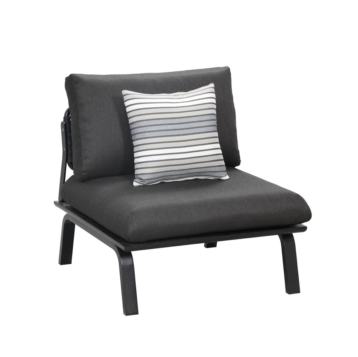 Armless chair from the Punto low-profile black aluminum sectional with hand-woven black rope back – another view