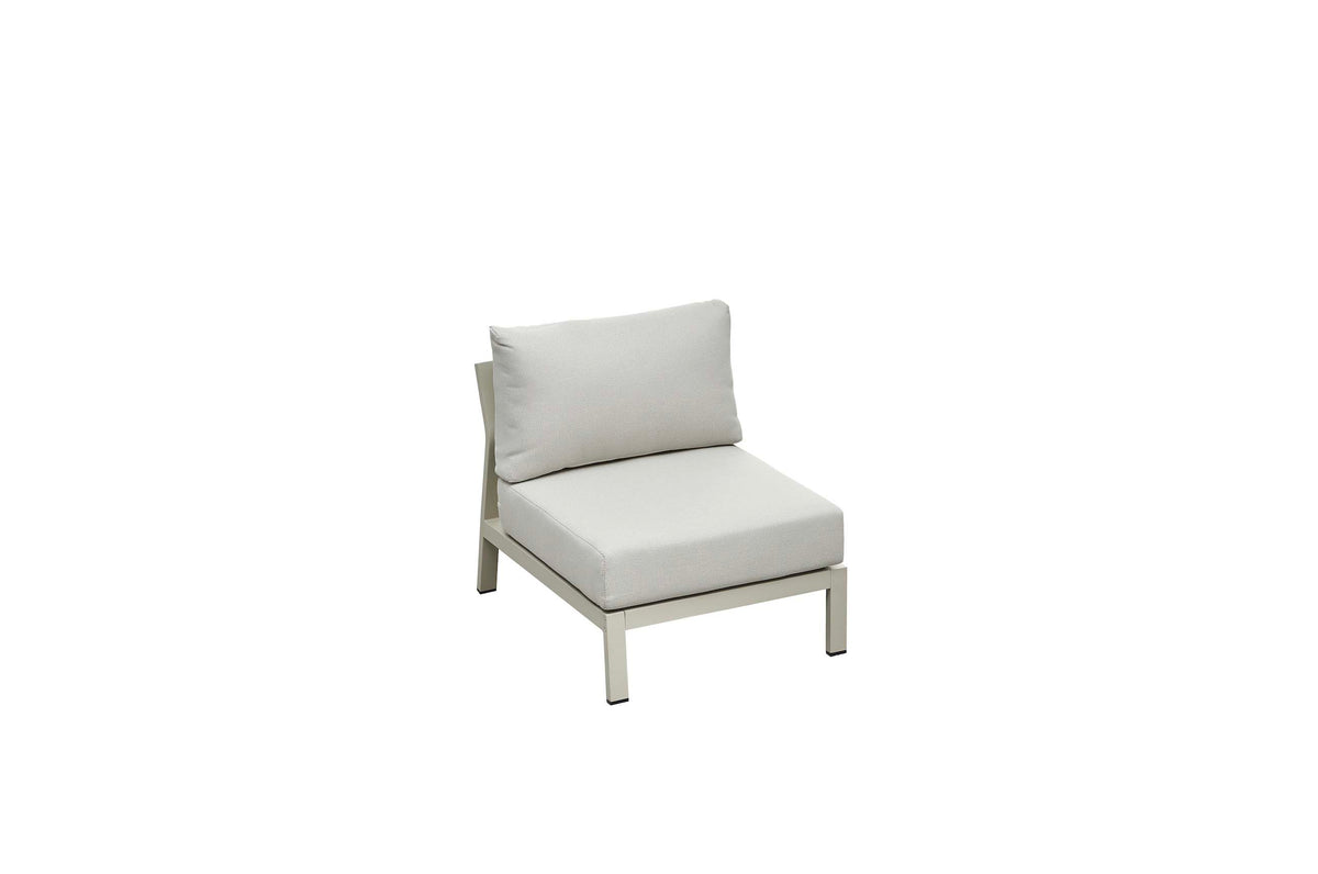 Armless chair from the Viscounti cream aluminum and teak corner sofa with openwork backs – another view