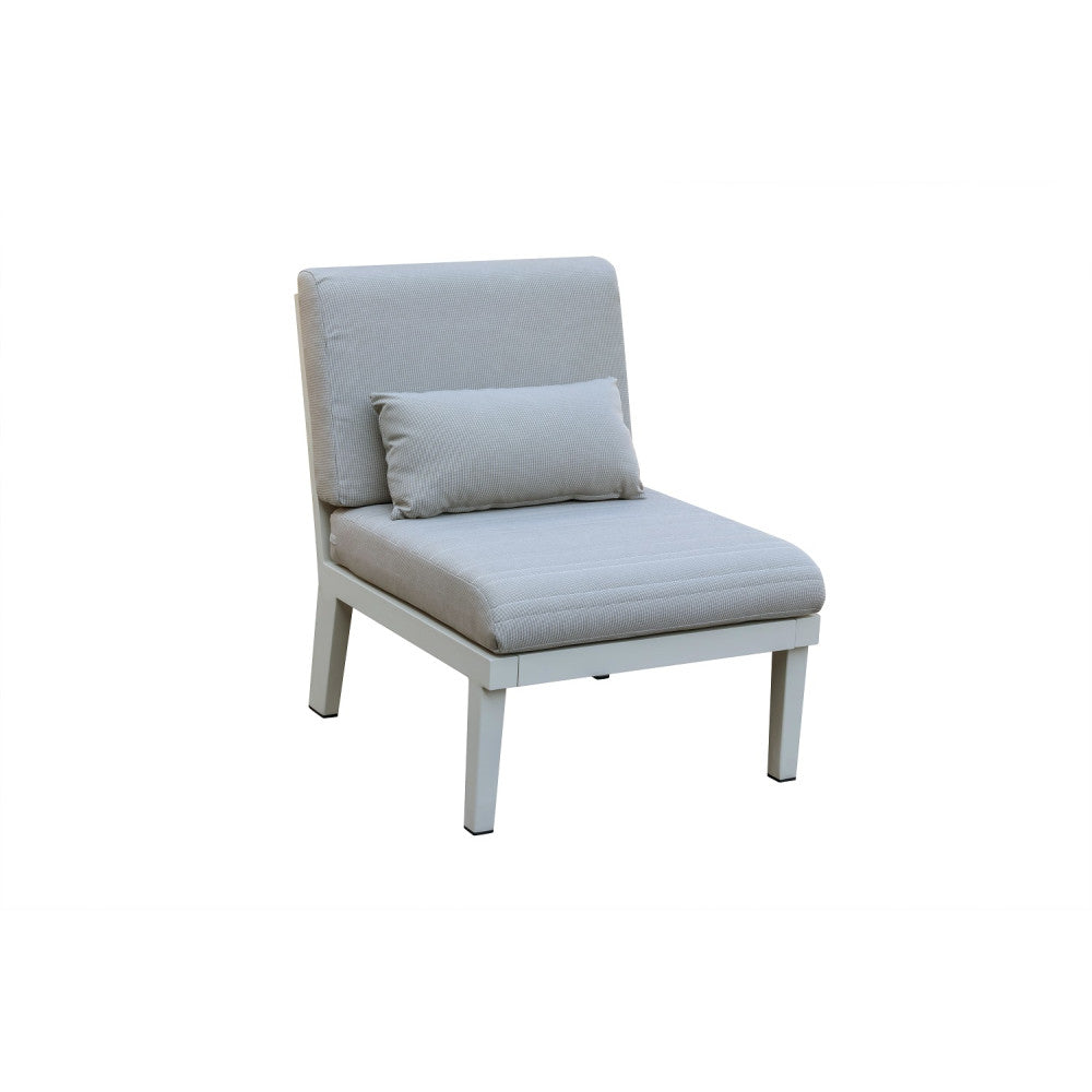 Armless chair from the Lovy Cosy white aluminum outdoor sectional with teak armrests – another view