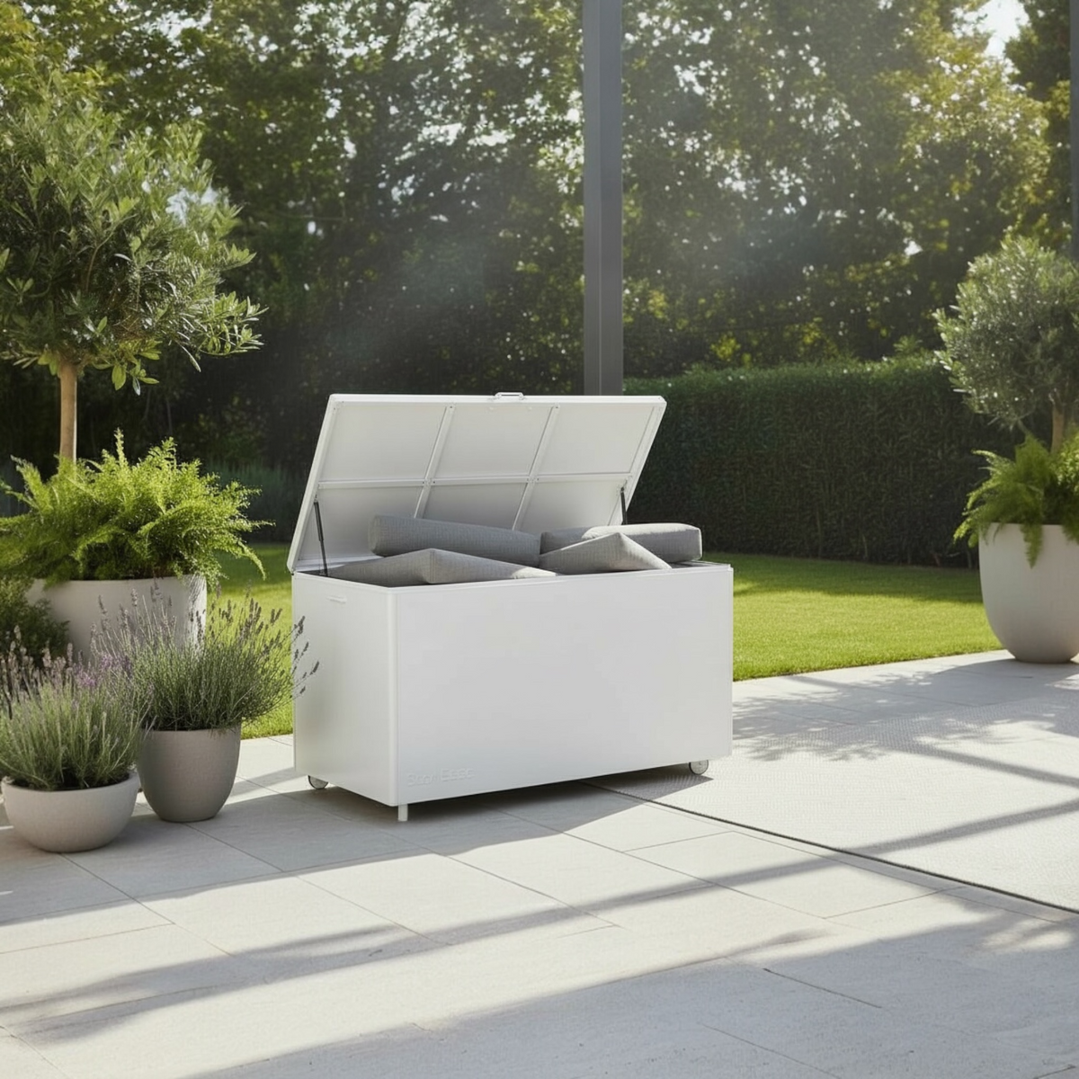 Easy white aluminum deck box with wheels – shown outdoors (2)