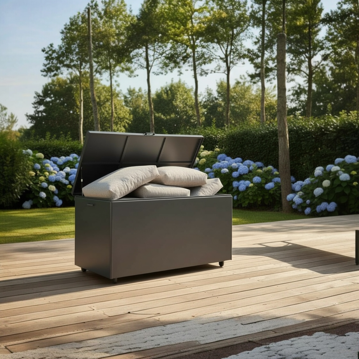 Easy charcoal aluminum deck box with wheels – shown outdoors (2)