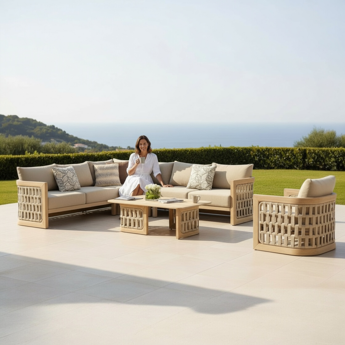 Palma solid teak and rope corner sofa with teak-top coffee table – shown outdoors (2)