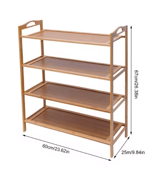 Four-tier bamboo shoe rack with sneakers and boots – dimensions diagram