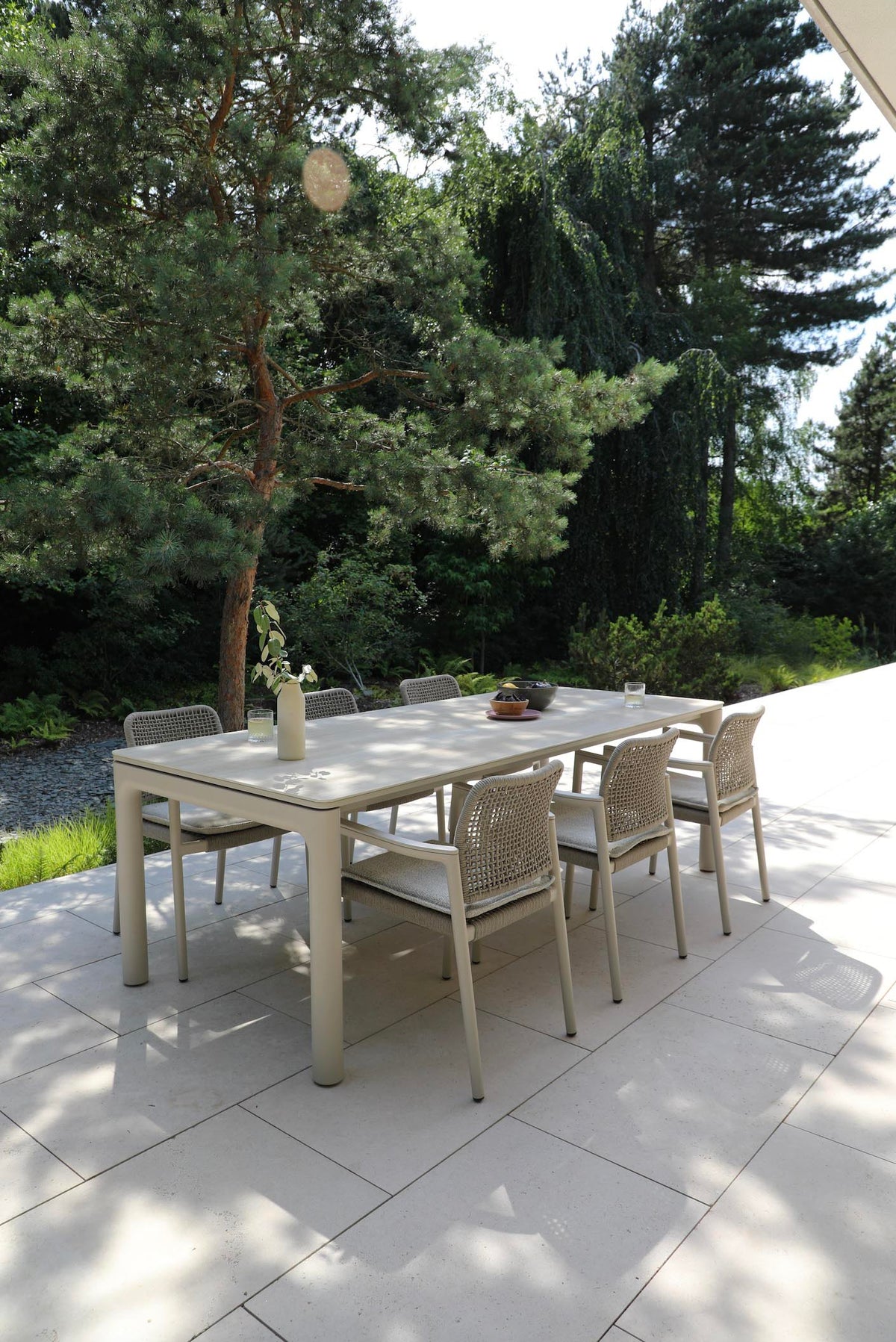 Matia beige stackable rope dining chairs, set of 4 – shown outdoors (4)