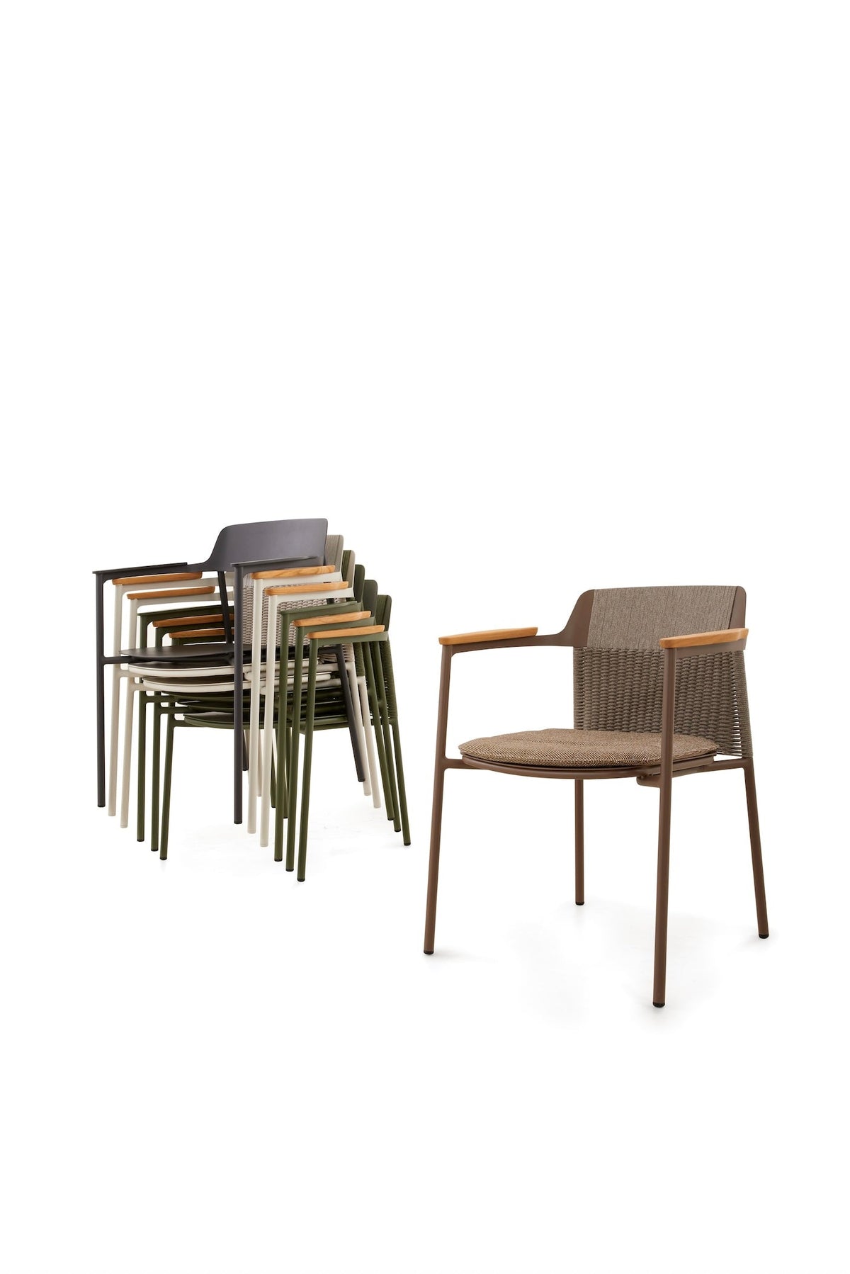 Julia beige stackable patio dining chair with rope back – multiple views