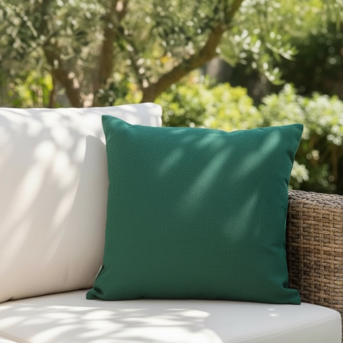 Genius fir green Sunbrella outdoor pillow – shown outdoors (2)