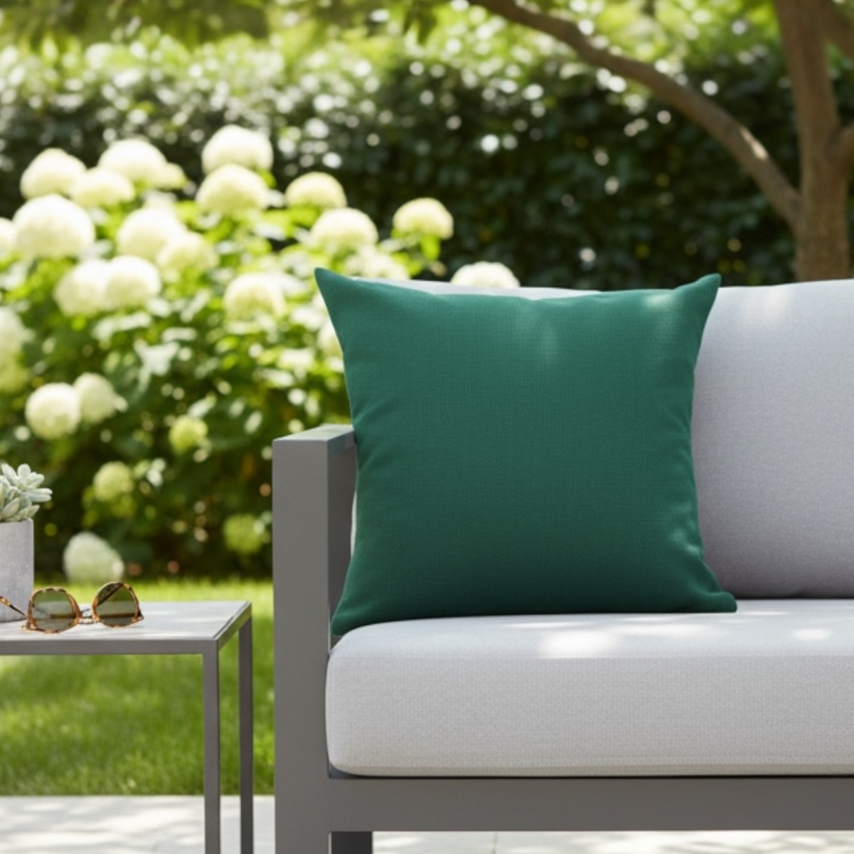 Genius fir green Sunbrella outdoor pillow – shown outdoors