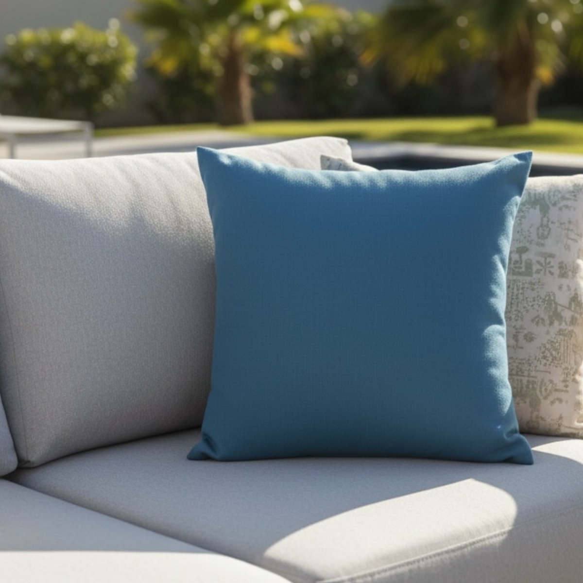 Genius blue Sunbrella outdoor pillow – shown outdoors