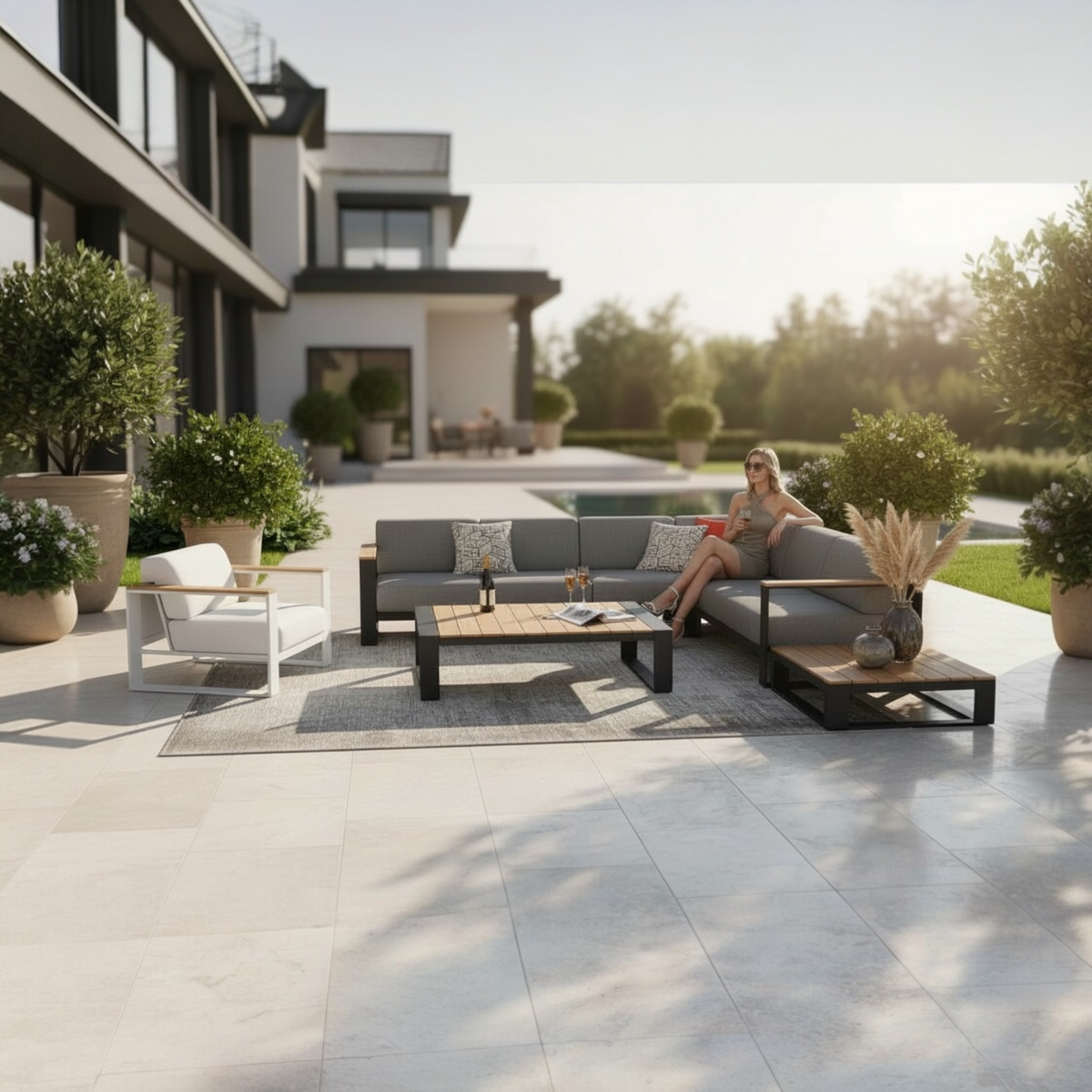 Sofy aluminum and teak modular outdoor sectional – shown outdoors (2)