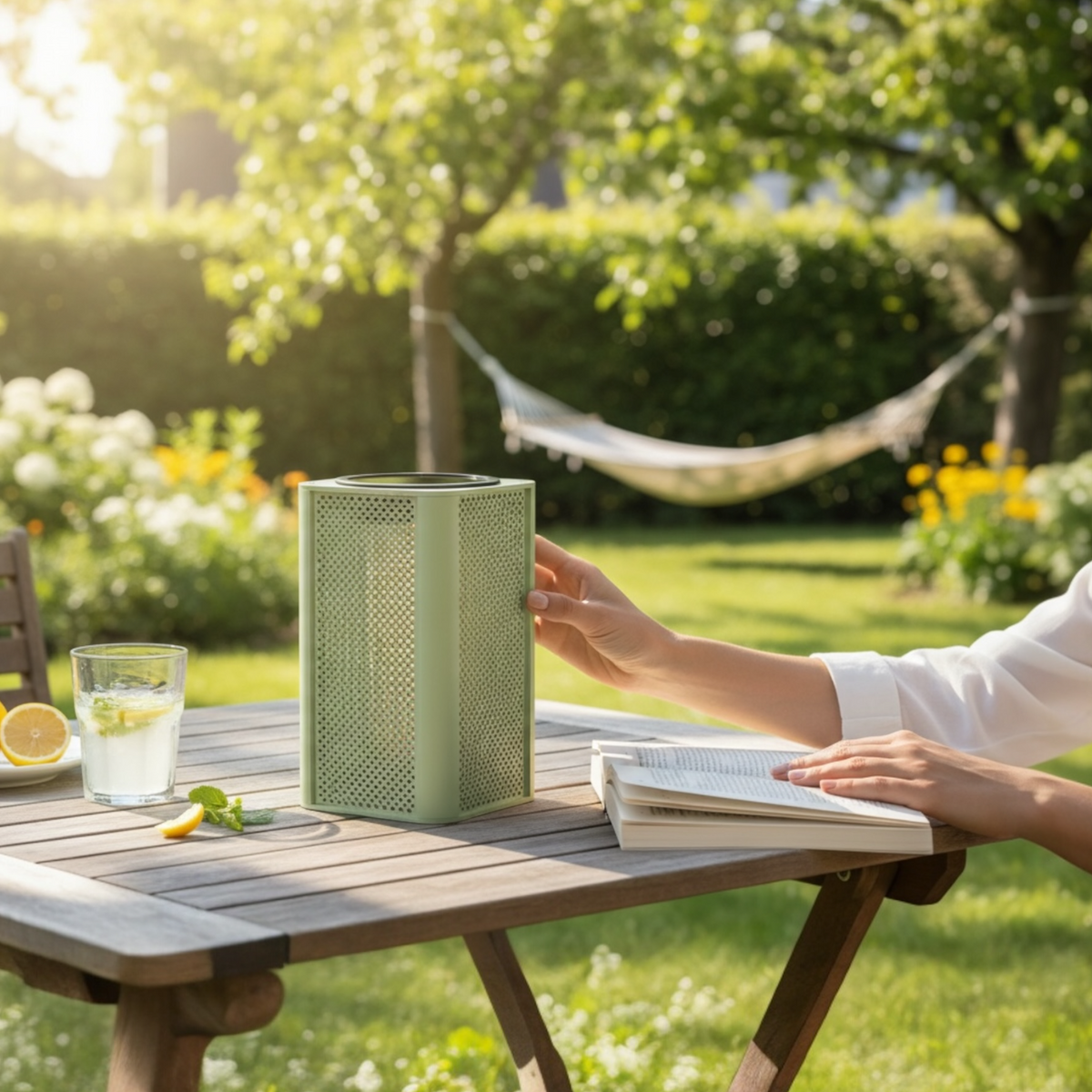Arlo Cube green aluminum solar lamp – shown outdoors