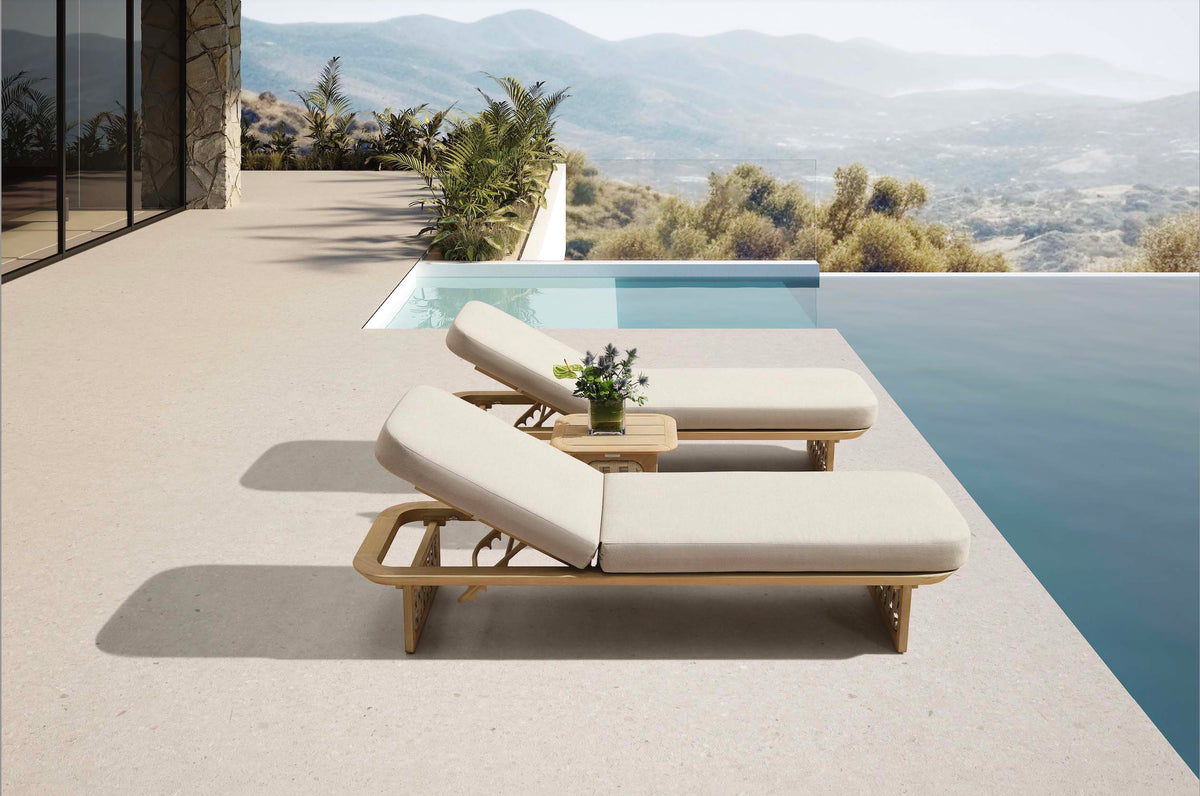 Palma teak and rope chaise lounges, set of 2 with side table – shown outdoors (4)