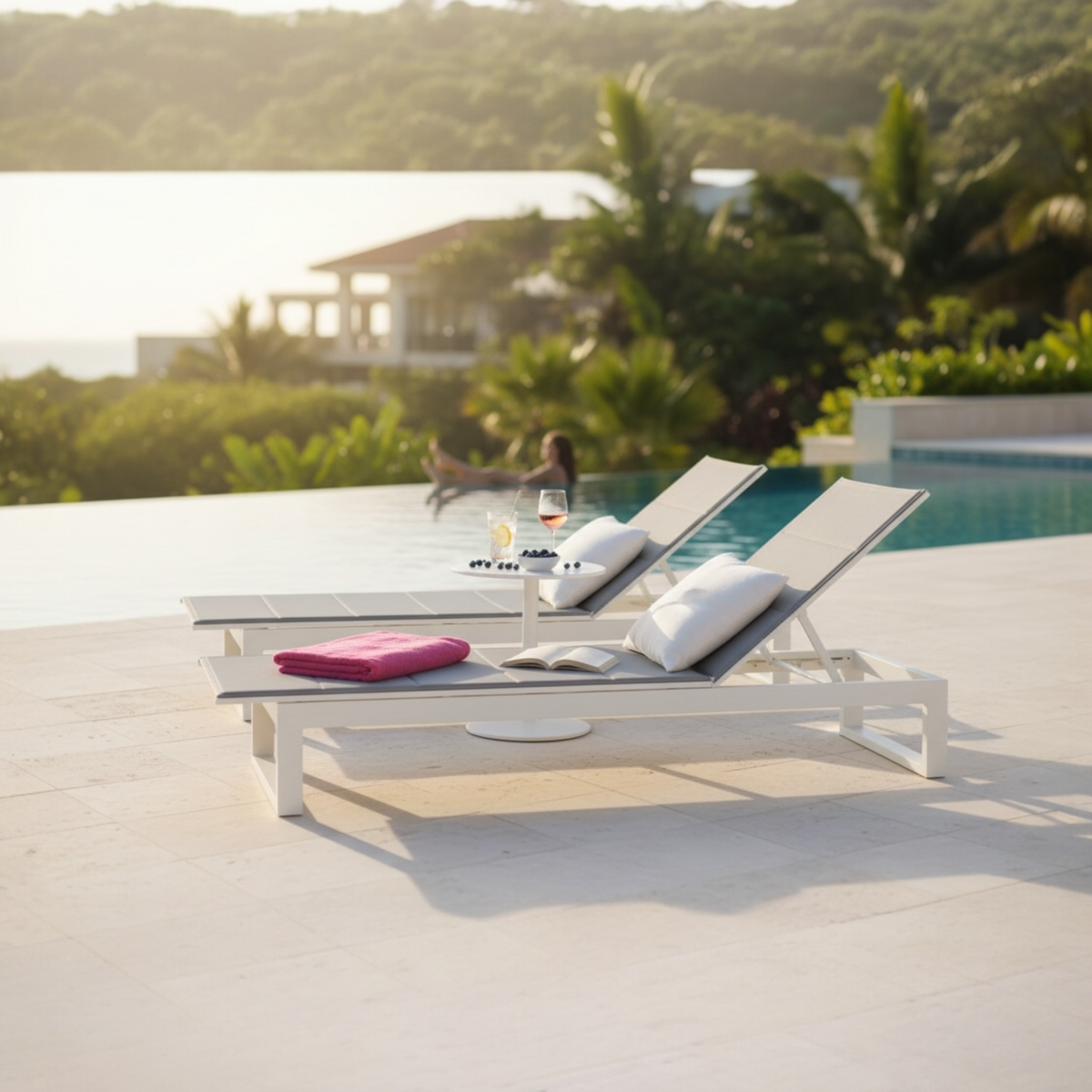 Como white and gray chaise lounge set of two with coffee table – shown outdoors