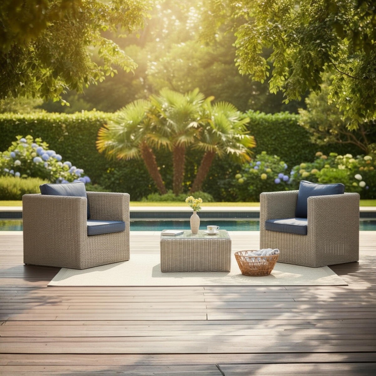 Liberty Club 2-seat resin wicker patio set with glass-top table – shown outdoors