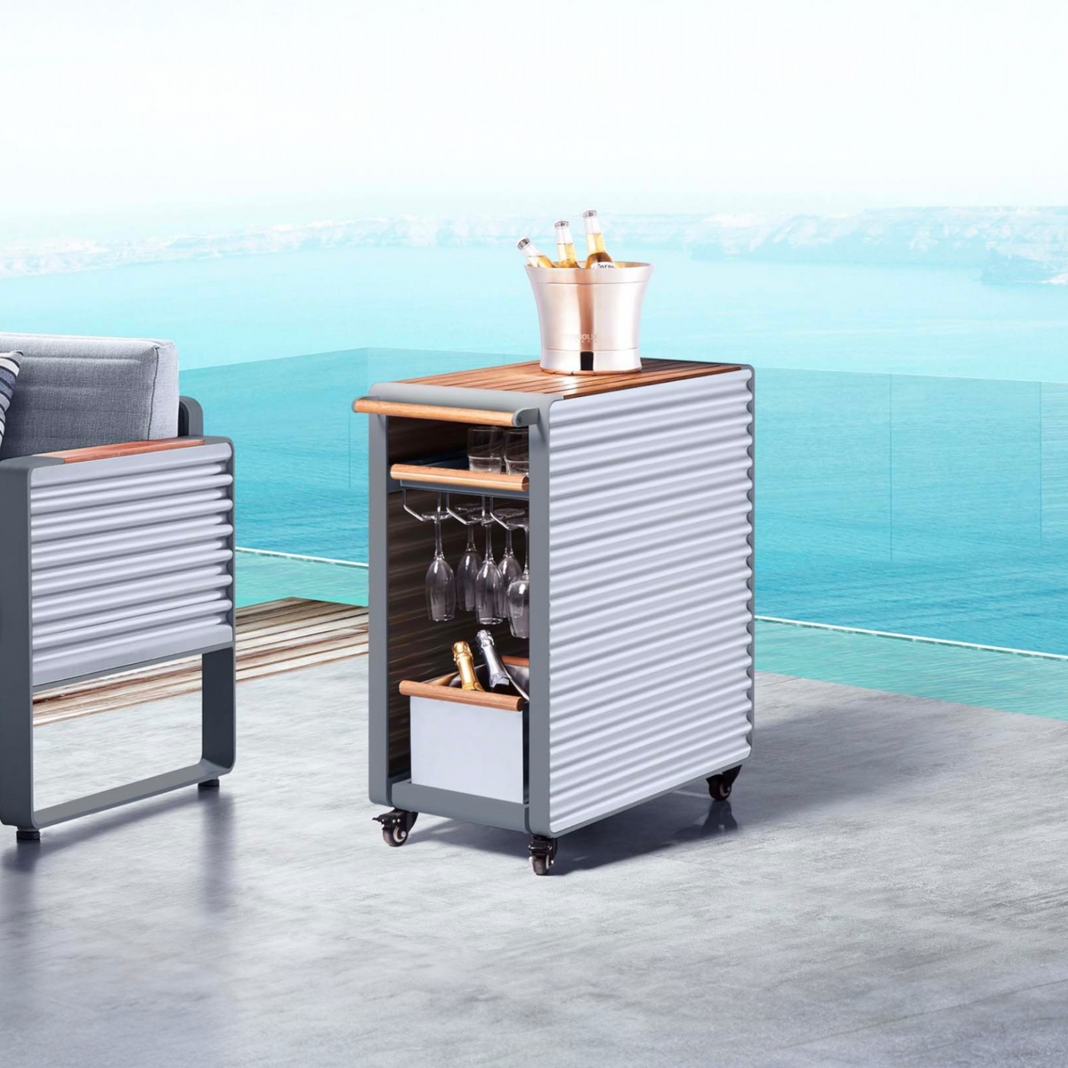 Airport anthracite aluminum and teak outdoor bar cart – shown outdoors