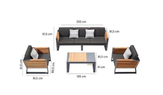 Cofy Bis aluminum patio set with teak and aluminum coffee table with drink cooler – dimensions diagram