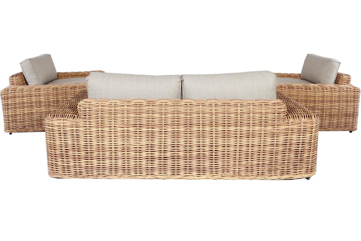Bali round resin wicker patio set with 3-seat sofa, two armchairs and glass table
