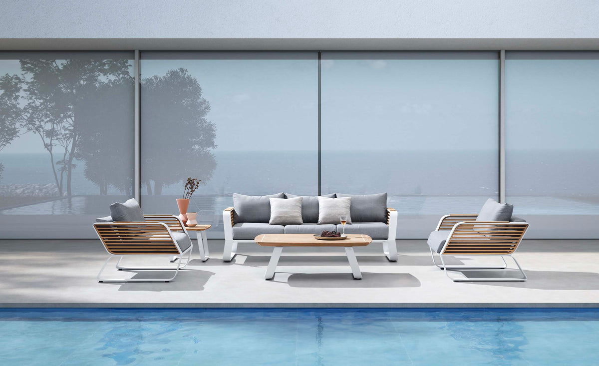 Aily Bis aluminum and teak patio set with 3-seat sofa and two armchairs – shown outdoors (6)