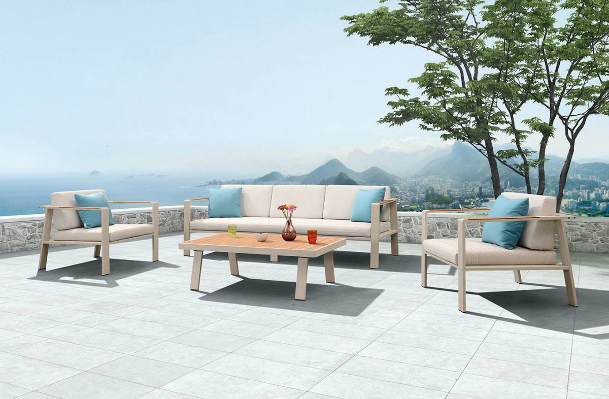 Noffy Plus 5-seat aluminum patio set with beige olefin cushions – shown outdoors (3)