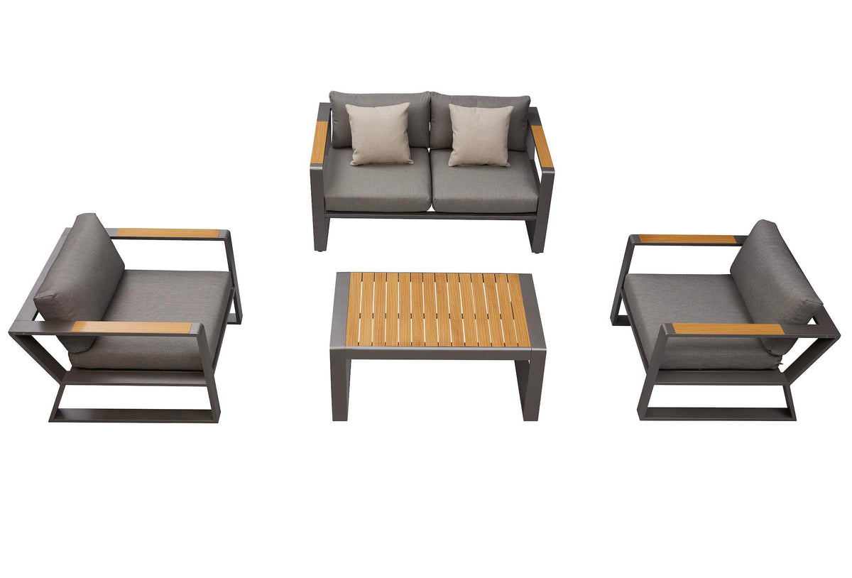 Exy Mini anthracite aluminum and teak loveseat set with slatted teak armrests – multiple views