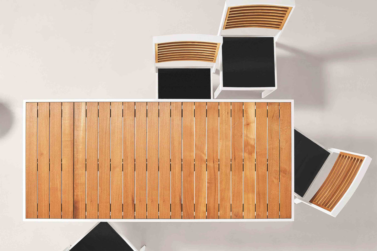York white aluminum and teak dining set for six, 200 x 90 cm table – shown outdoors (3)