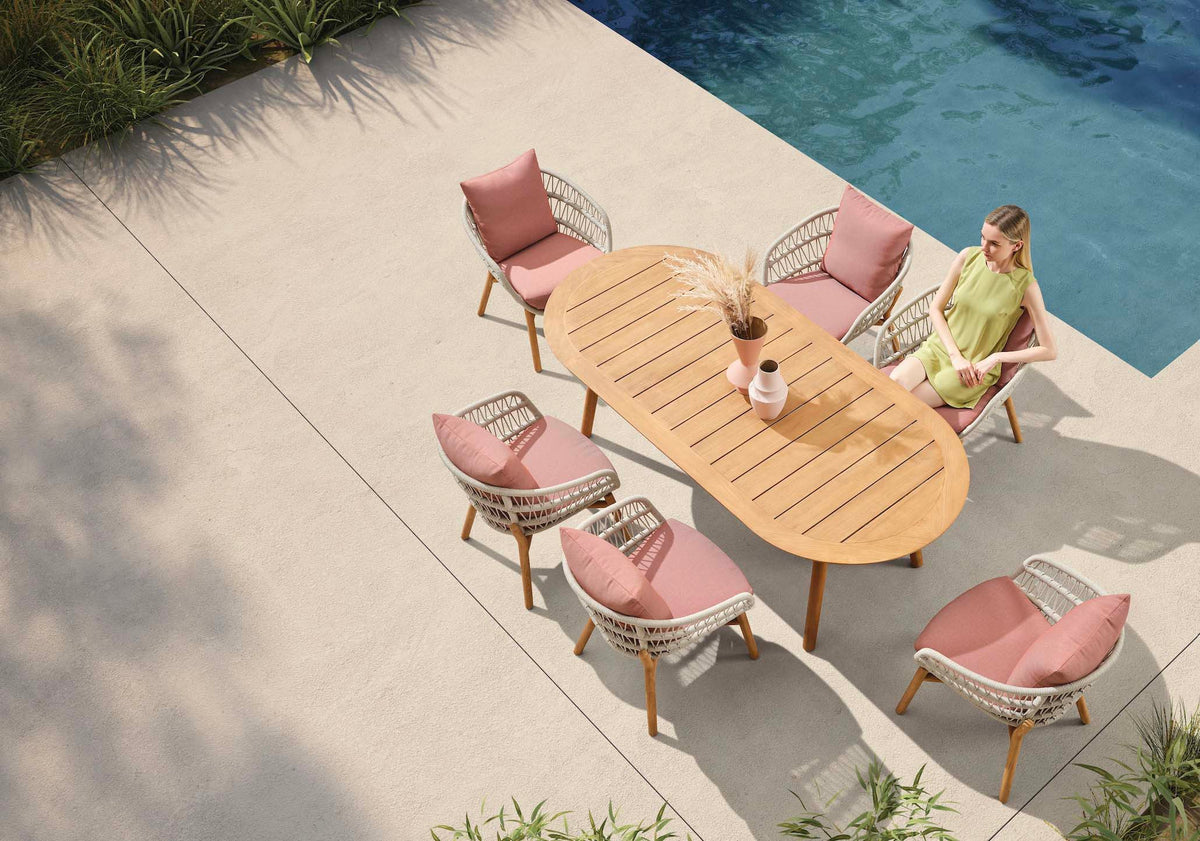 Rose teak and rope dining set with powder pink cushions – shown outdoors (4)