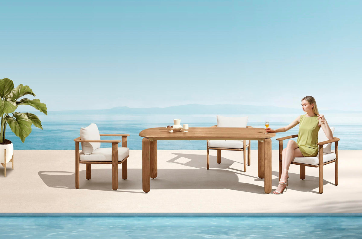 Roma 6-seat solid teak outdoor dining set – shown outdoors (4)