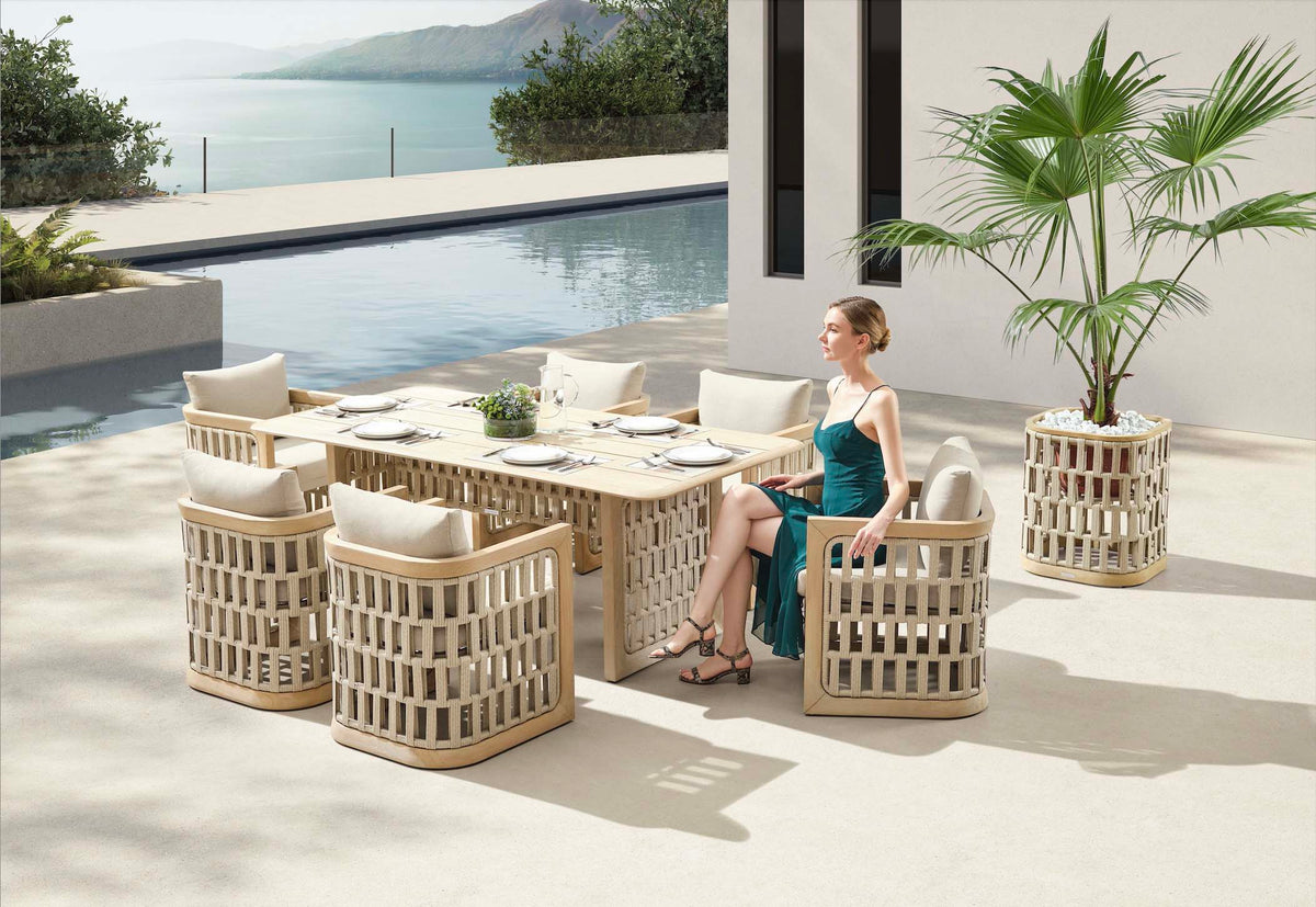 Palma 6-seat solid teak and rope outdoor dining set – shown outdoors (3)