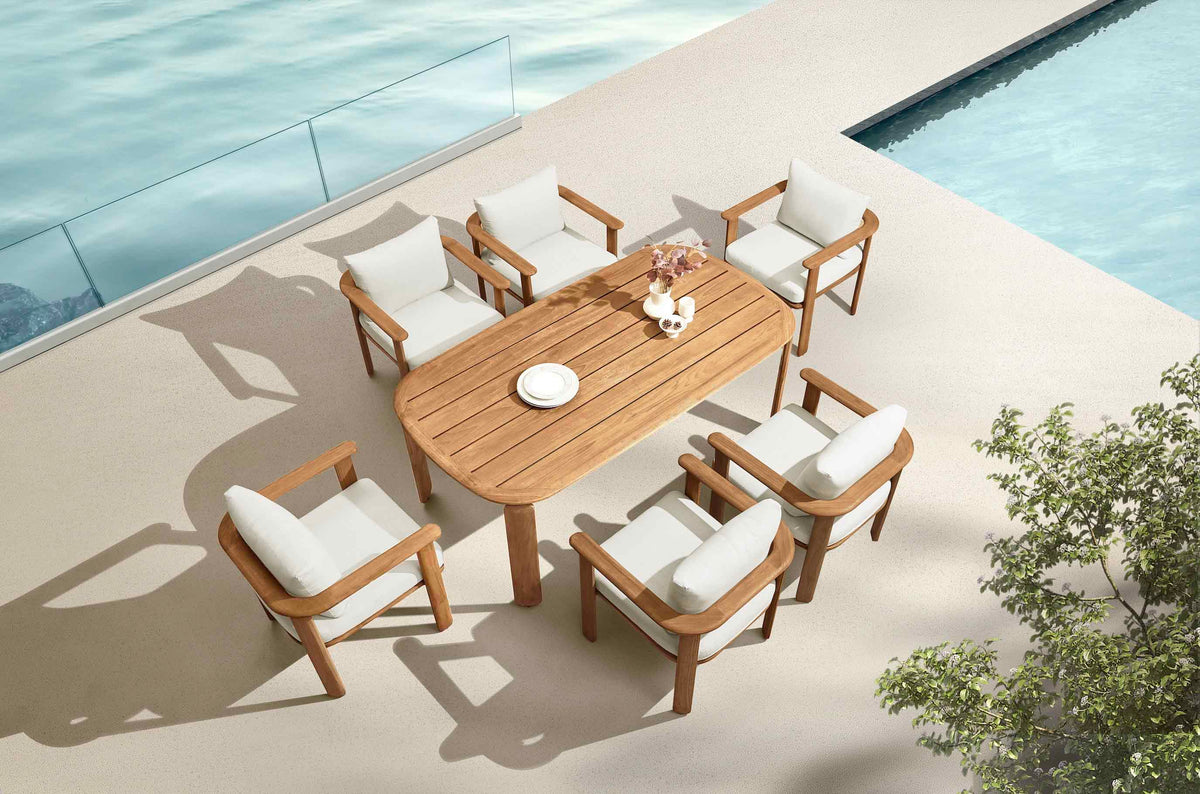 Roma 6-seat solid teak outdoor dining set – shown outdoors (3)