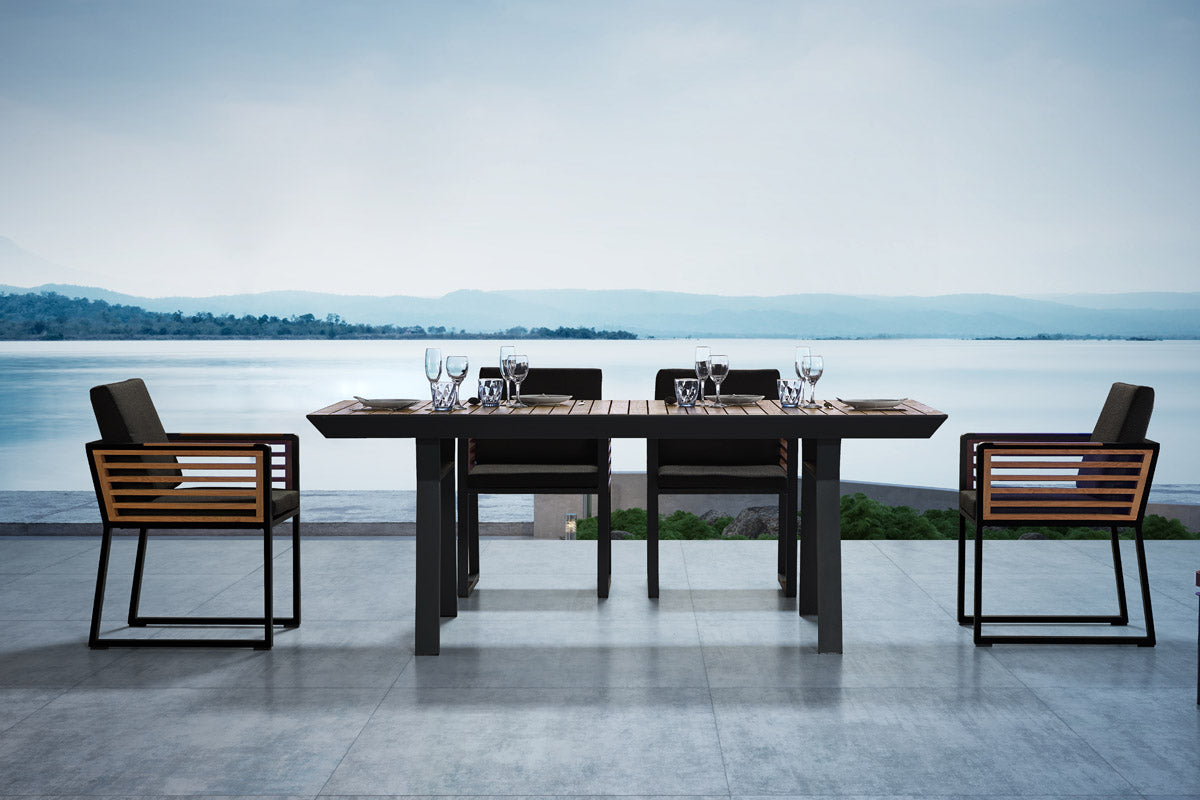 Cofy 6-seat aluminum and teak outdoor dining set – shown outdoors (4)