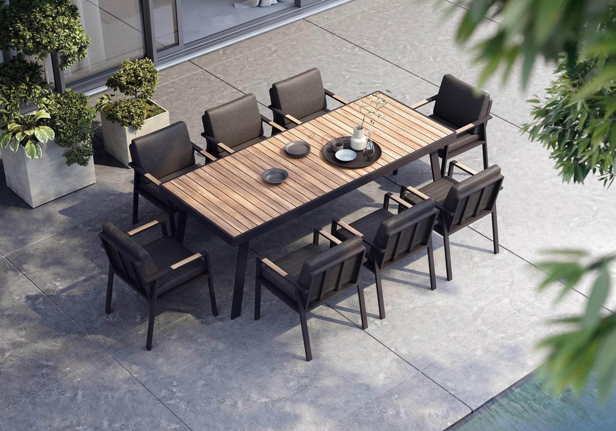 Noffy 8-seat black aluminum and teak dining set – shown outdoors (2)