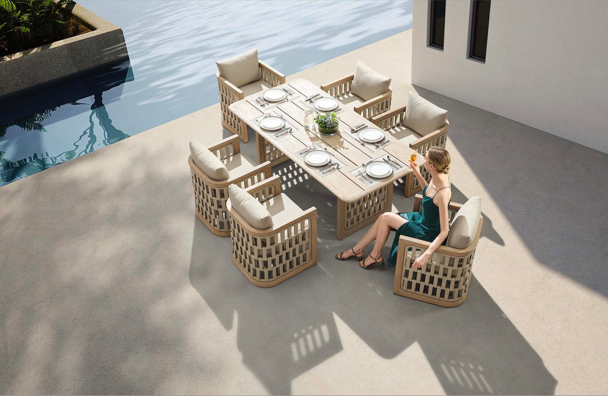 Palma 6-seat solid teak and rope outdoor dining set – shown outdoors (4)