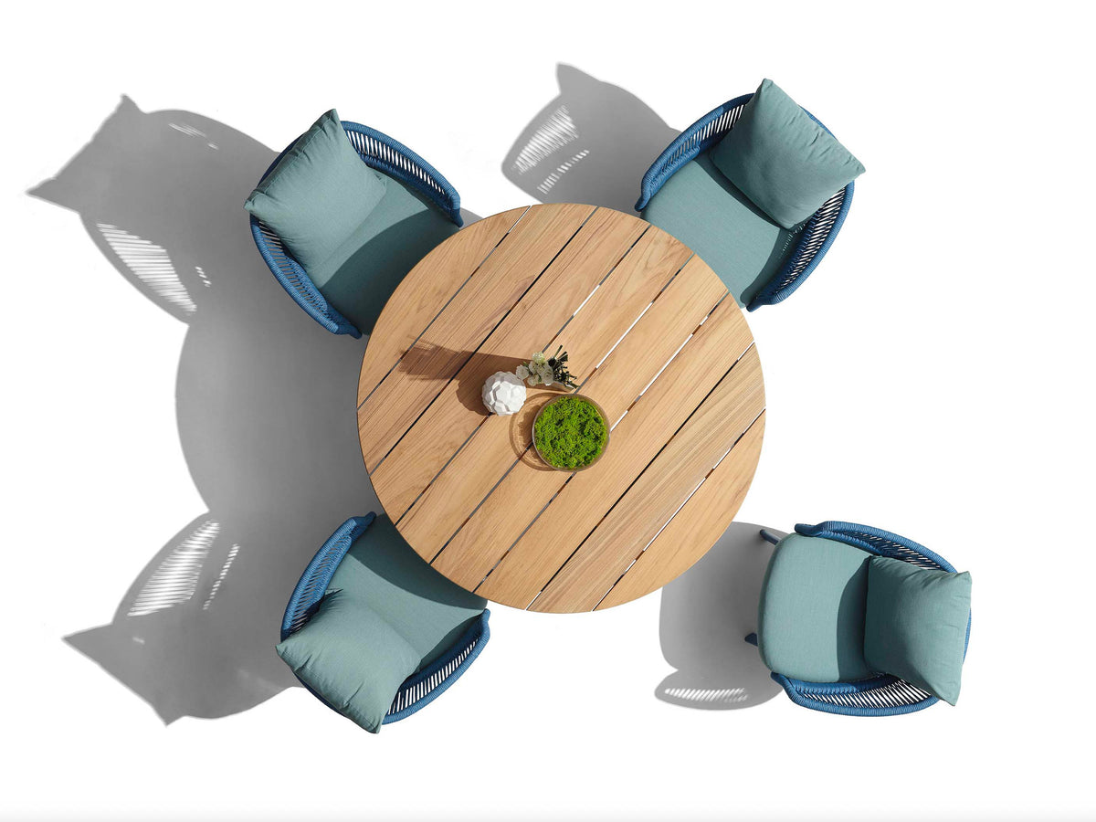 Laska round teak and blue rope dining set for four