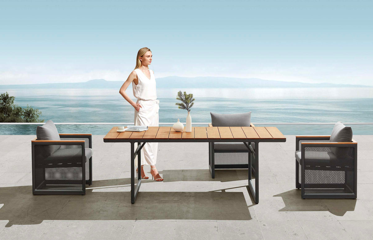 Rio 6-seat minimalist aluminum and teak dining set – shown outdoors (5)
