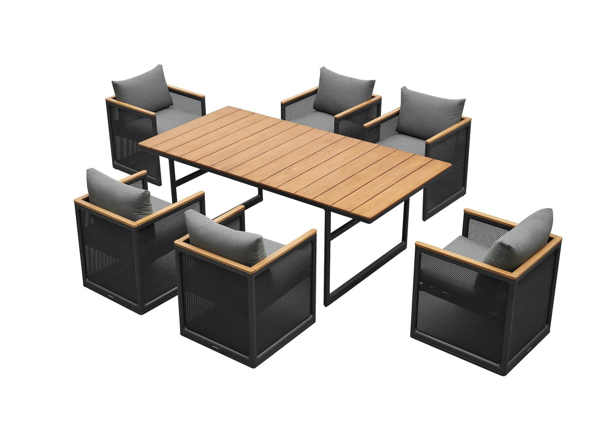 Rio 6-seat minimalist aluminum and teak dining set – another view
