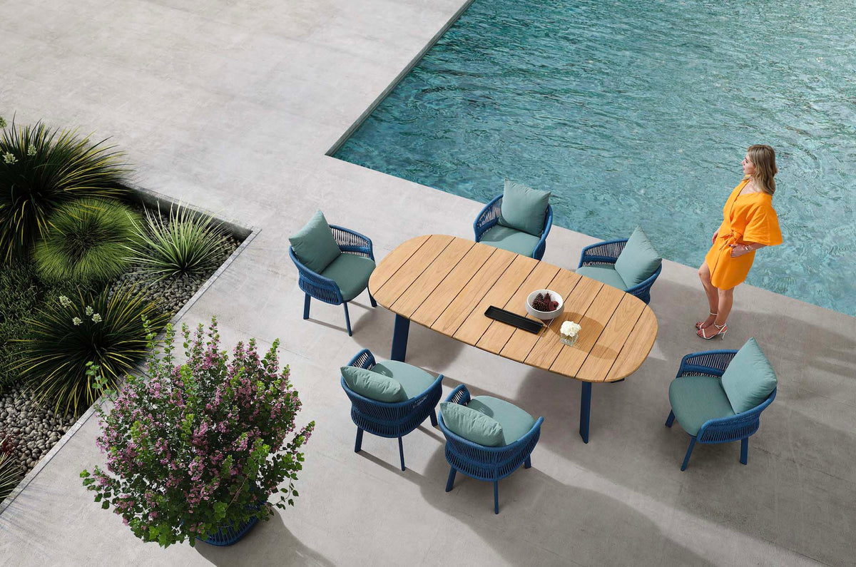 Laska 6-seat blue rope outdoor dining set – shown outdoors (4)