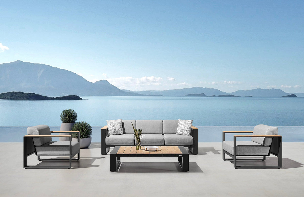 Sofy anthracite aluminum and teak sofa set with solid teak armrests – shown outdoors (4)