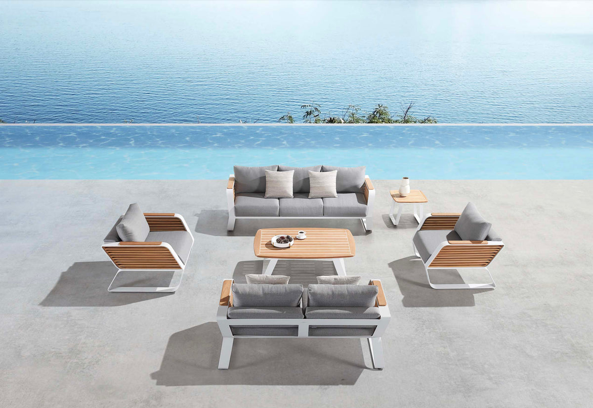 Aily XL 7-seater modular aluminum outdoor lounge set with teak coffee table – shown outdoors (5)