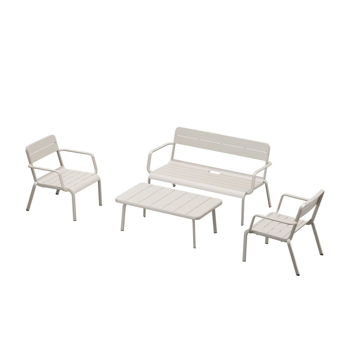 Joy stackable aluminum patio set in beige with loveseat and armchairs – multiple views