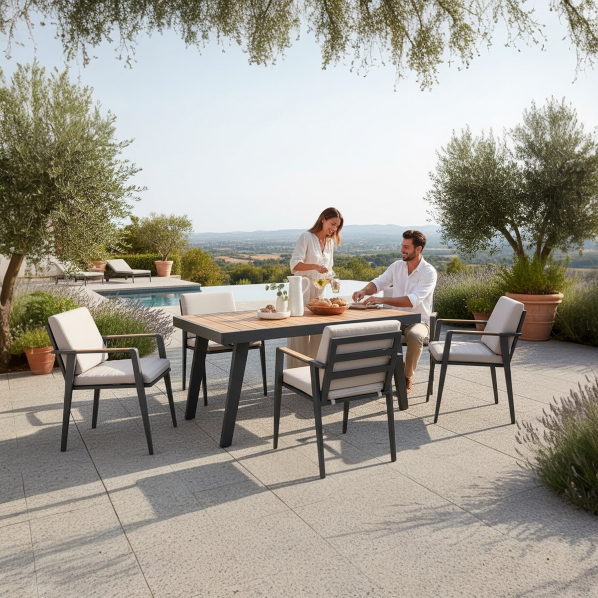 Lovy 6-seat aluminum and teak outdoor dining set – shown outdoors (2)