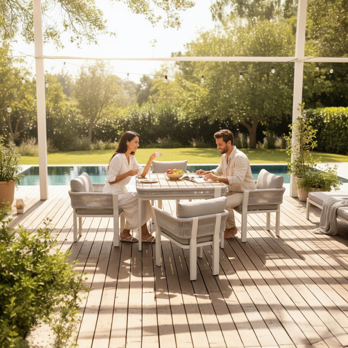 Olby 4-person rope outdoor dining set with umbrella hole – shown outdoors (3)