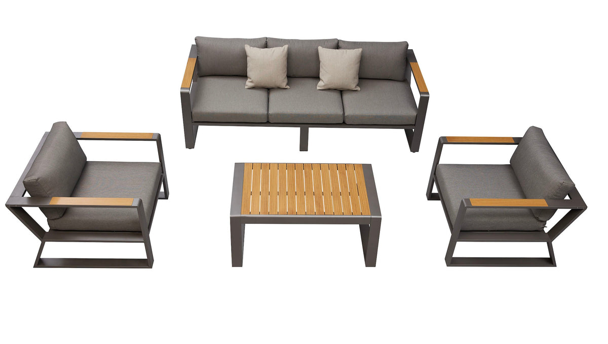 Exy anthracite aluminum and teak 5-seat patio set with teak coffee table – multiple views