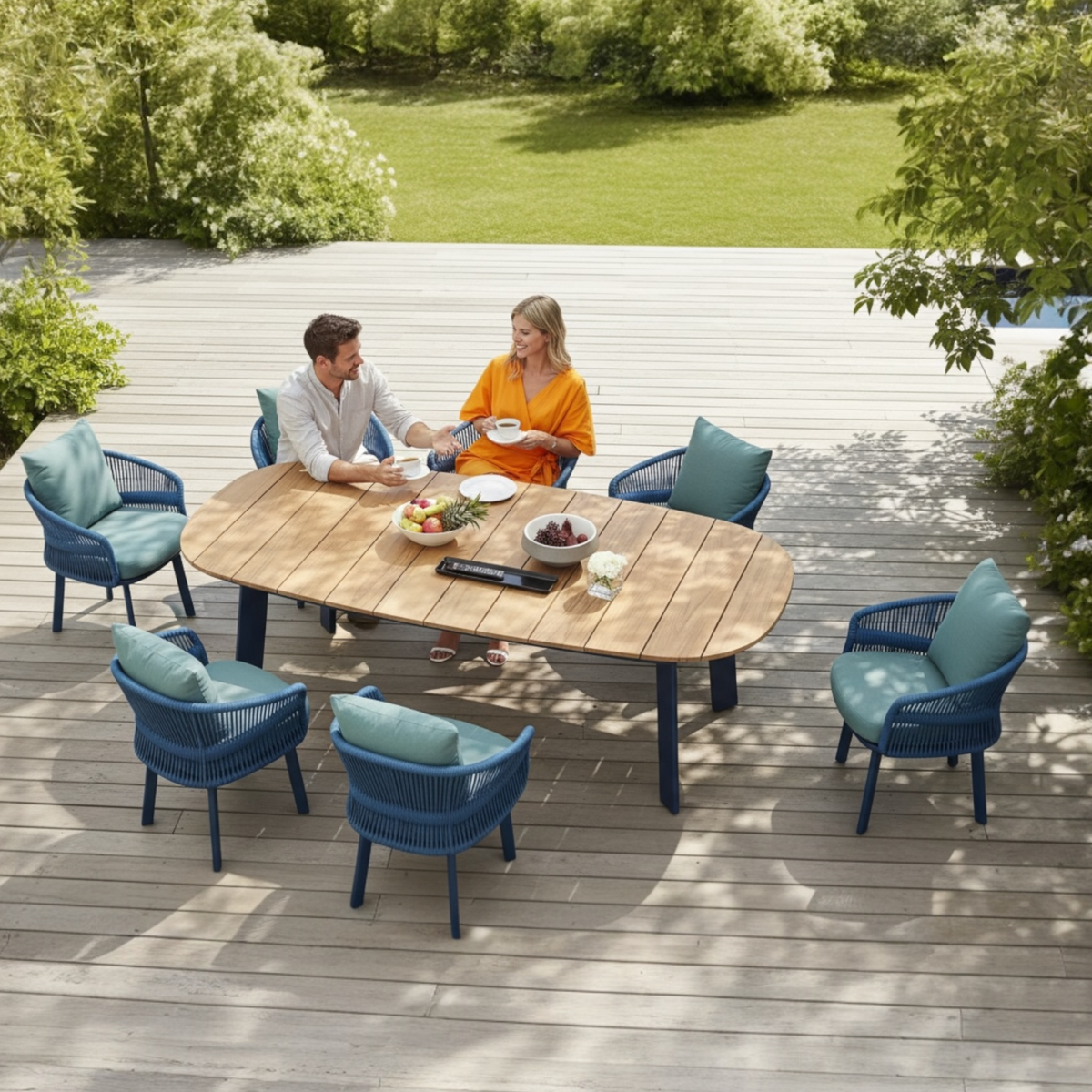 Laska 6-seat blue rope outdoor dining set – shown outdoors